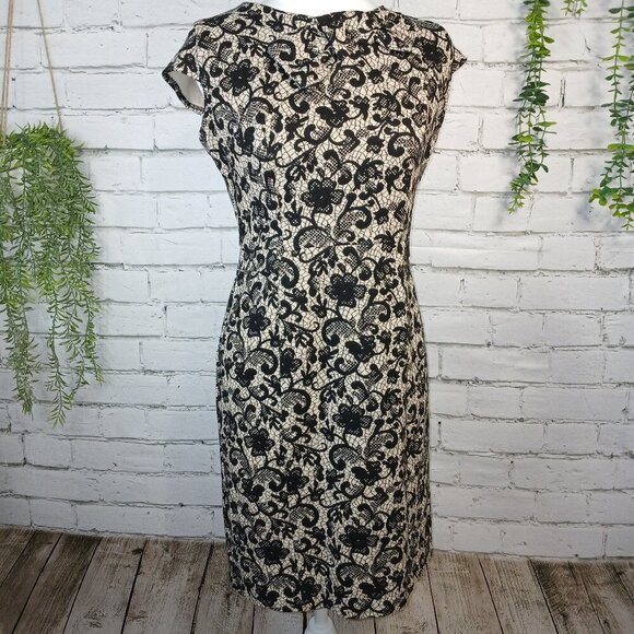 WOMENS LENNIE FOR NINA, NINA LEONARD BROCADE PRINT DRESS, TAN AND BLACK, SIZE 4P - Picture 1 of 9